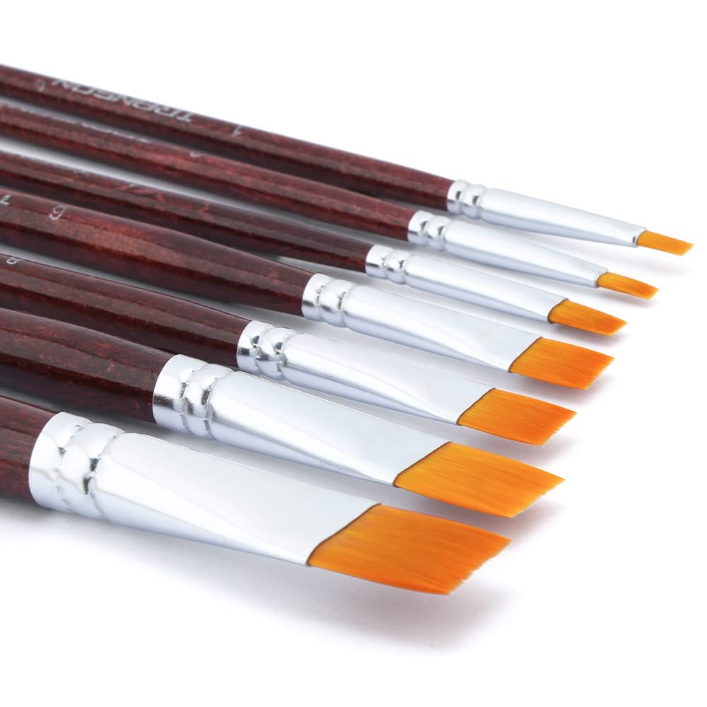 Flat paint brushes with orange bristles and dark brown handles arranged diagonally on a white background.