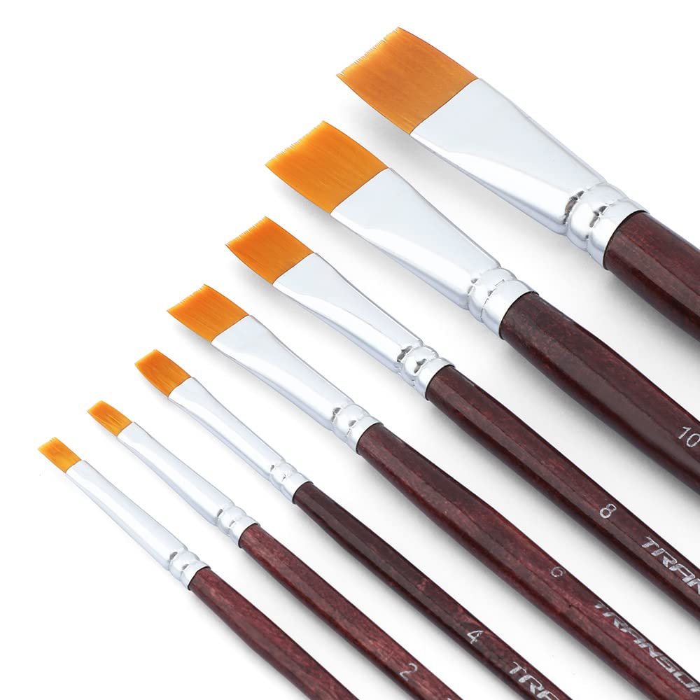Set of seven flat paint brushes with orange synthetic bristles and dark brown wooden handles, angled on a white background.