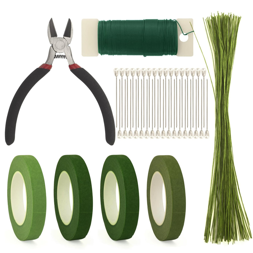 Floral arrangement kit including wire cutters, green floral tape rolls, pearl-headed floral pins, and green floral wire on a white background.