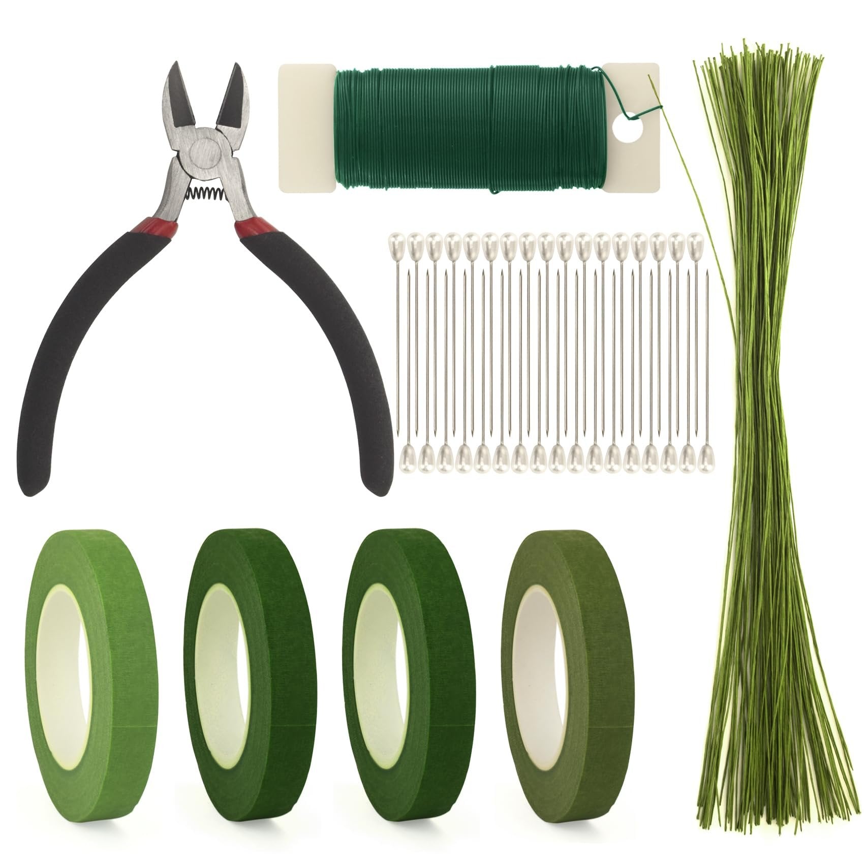Floral arrangement kit including wire cutters, green floral tape rolls, pearl-headed floral pins, and green floral wire on a white background.