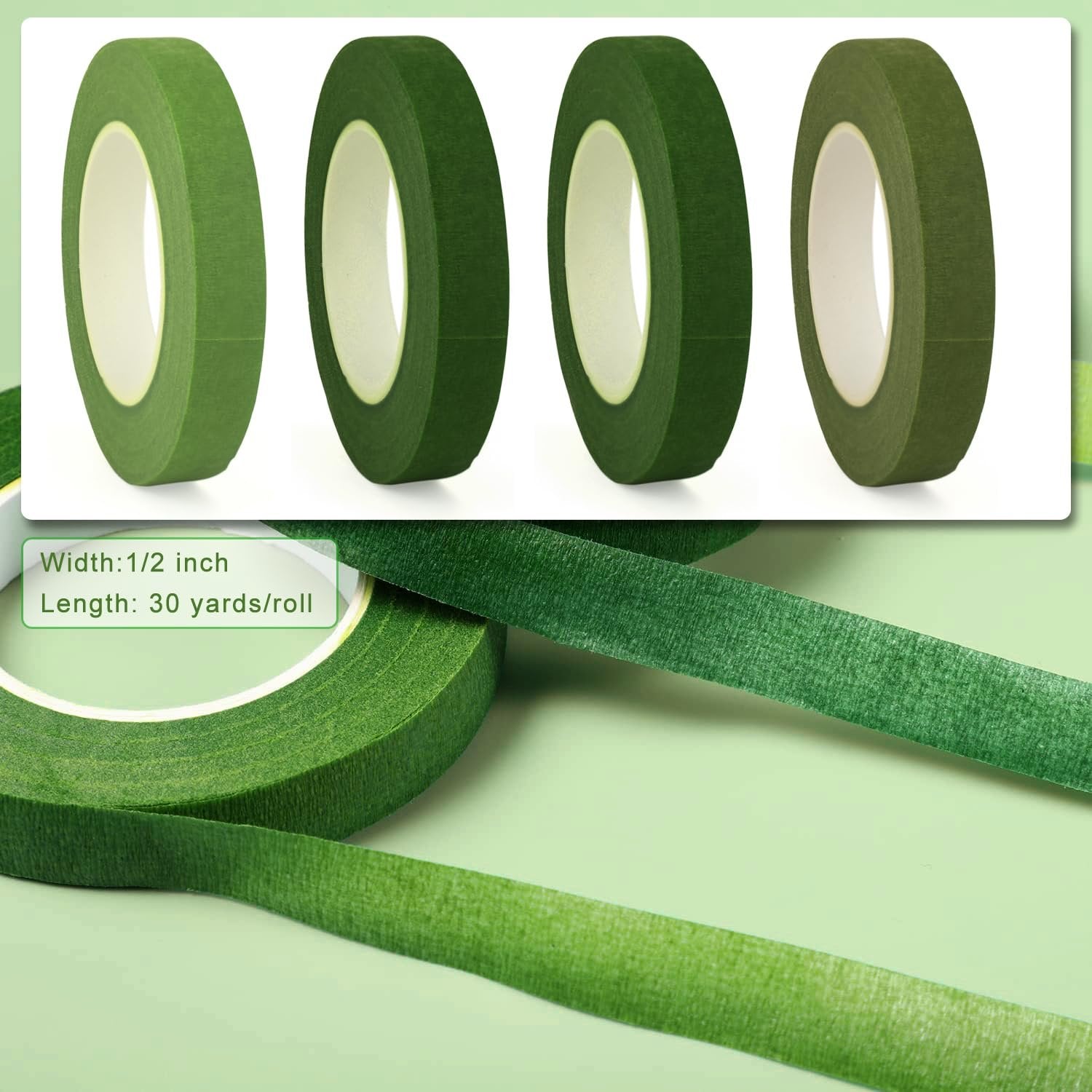 Four rolls of green floral tape and a close-up of floral tape unspooling on a light green background.