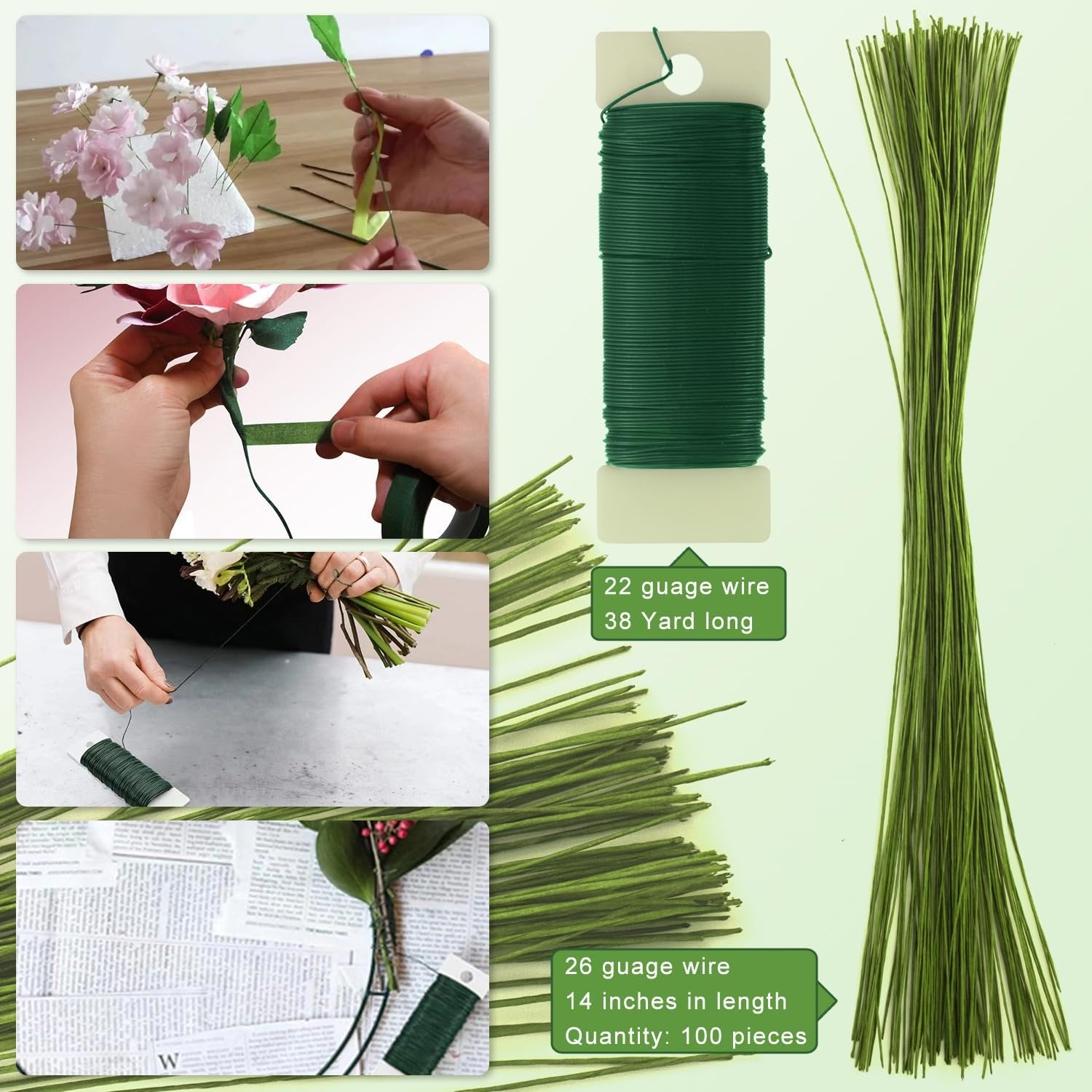 Floral arrangement kit showing hands crafting flowers and wrapping stems with floral tape, alongside spools and bundles of green floral wire.