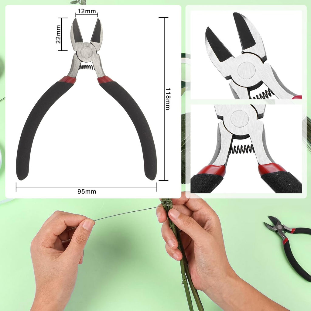 Floral wire cutters with dimensions shown, and a hand using wire cutters to wrap wire around a stem.