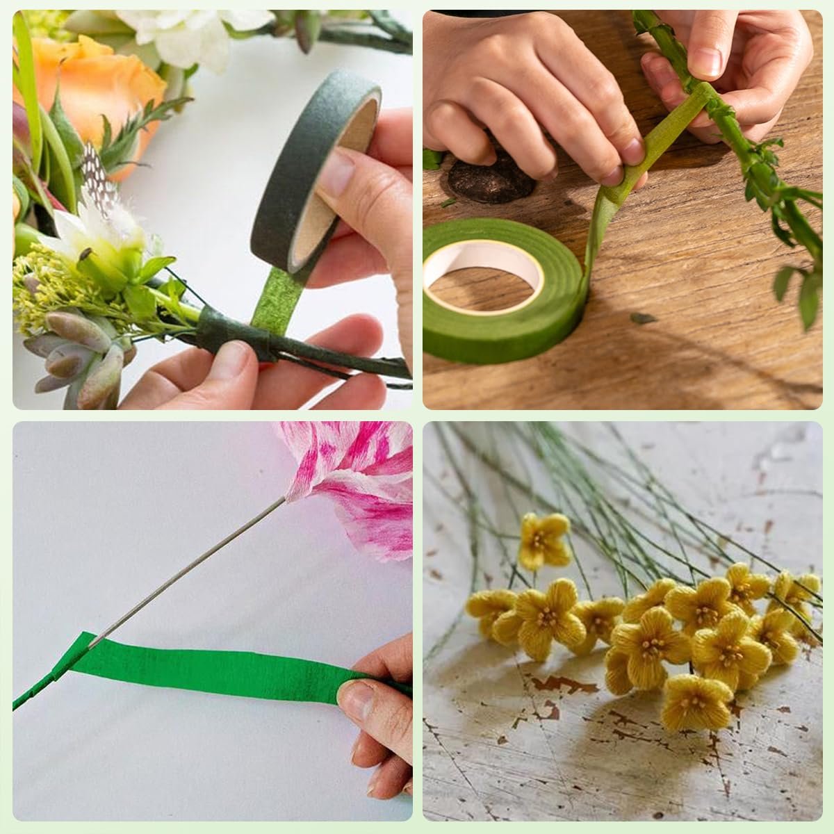 Collage of hands demonstrating floral arrangement techniques with tape, wire, and artificial flowers.
