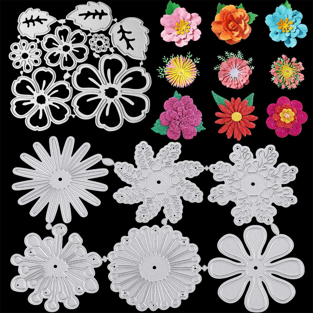 Collection of metal cutting dies in flower and snowflake shapes, alongside colorful paper flower embellishments on a black background.