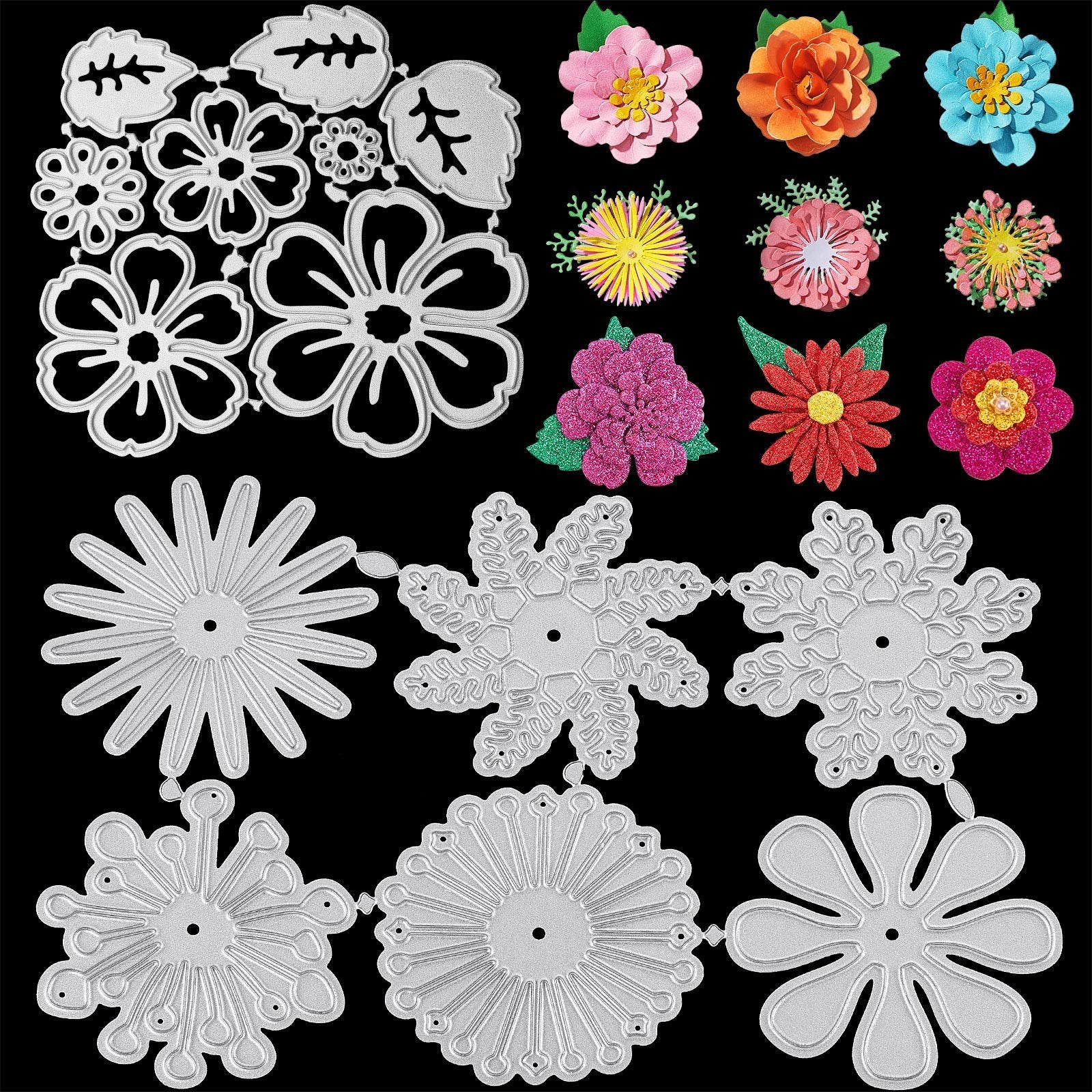 Collection of metal cutting dies in flower and snowflake shapes, alongside colorful paper flower embellishments on a black background.