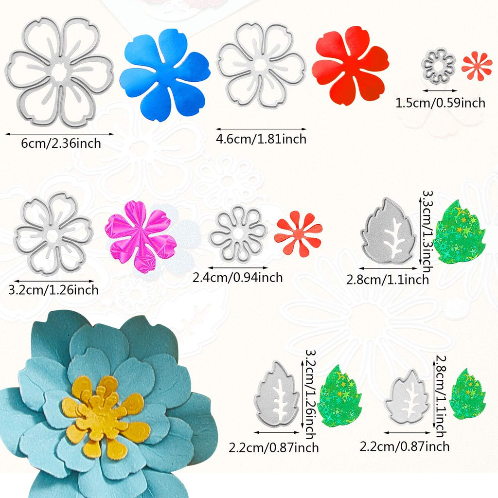 Various metal cutting dies in flower and leaf shapes, with size indicators in cm and inches.