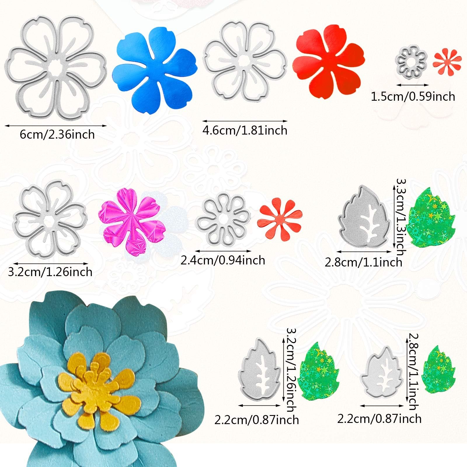 Various metal cutting dies in flower and leaf shapes, with size indicators in cm and inches.