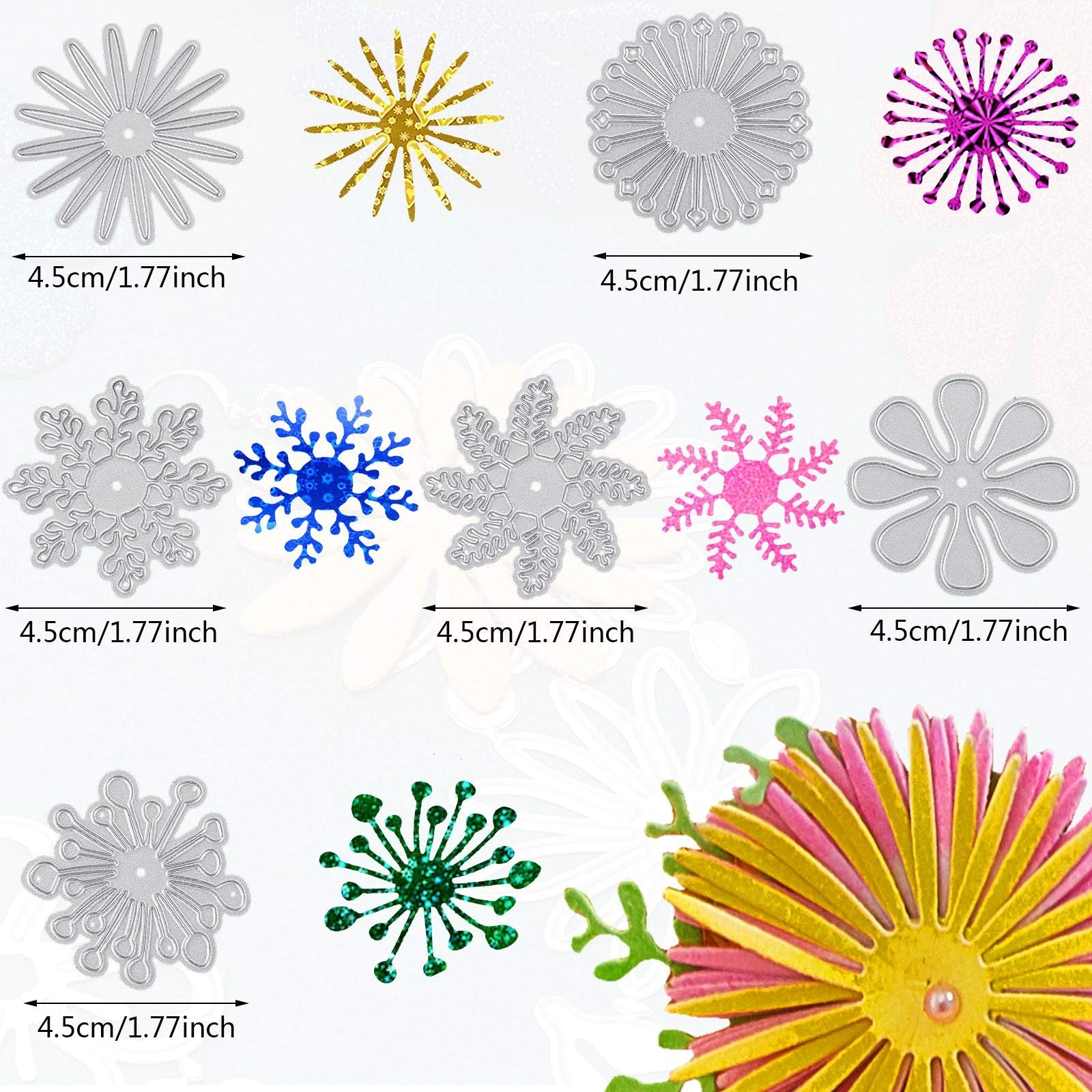 Collection of metal cutting dies in various snowflake and flower shapes, with size indicators.
