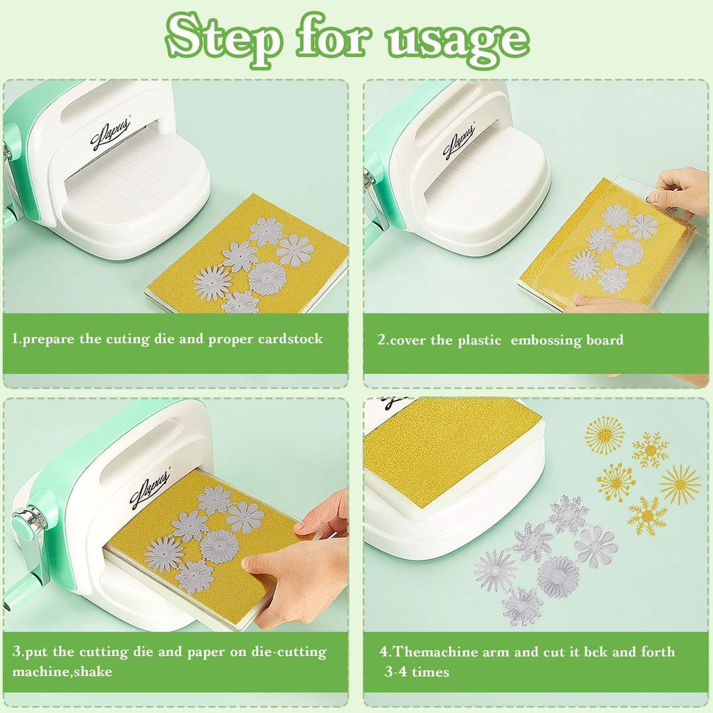 Four-panel graphic showing steps for using a die-cutting machine with flower and snowflake metal dies.