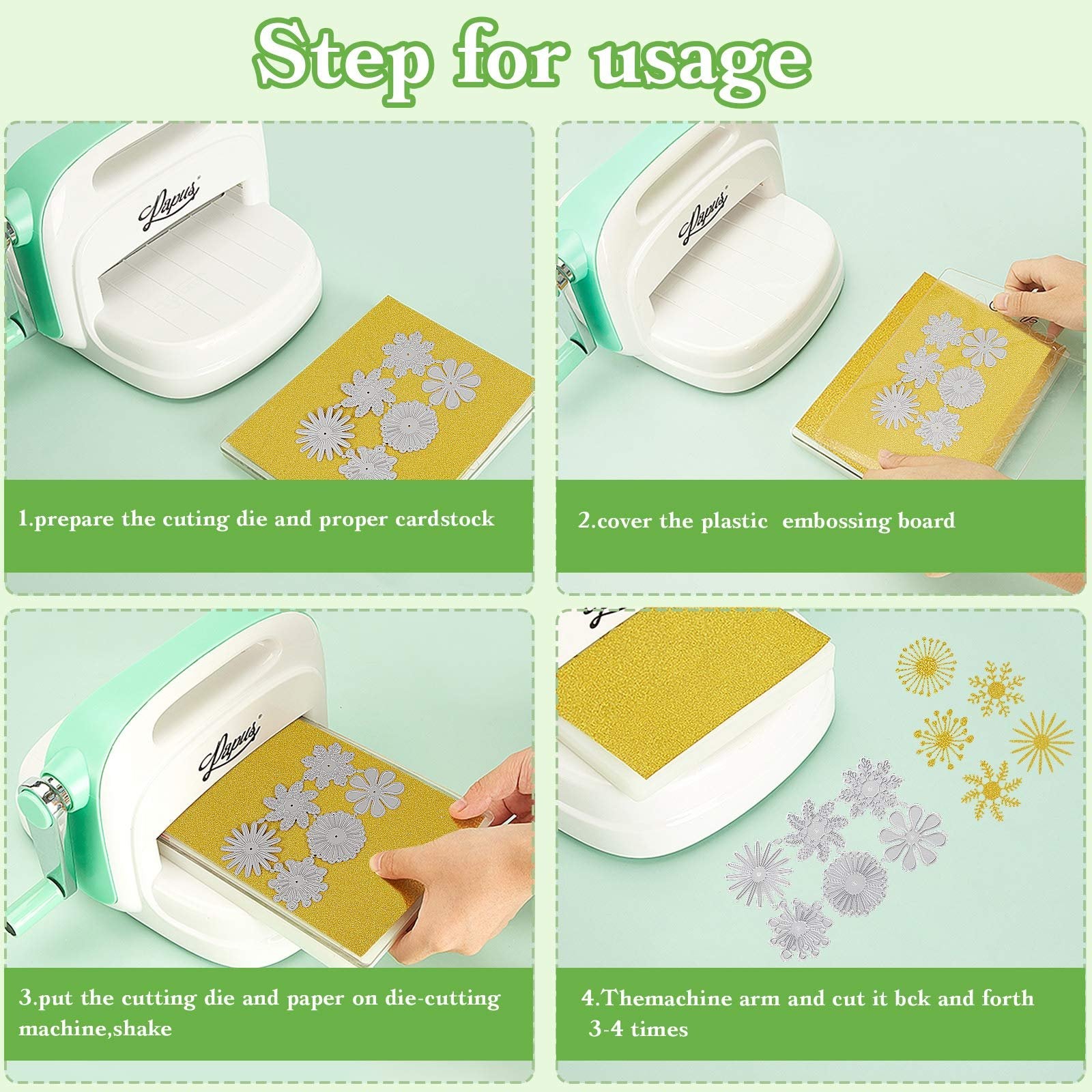 Four-panel graphic showing steps for using a die-cutting machine with flower and snowflake metal dies.