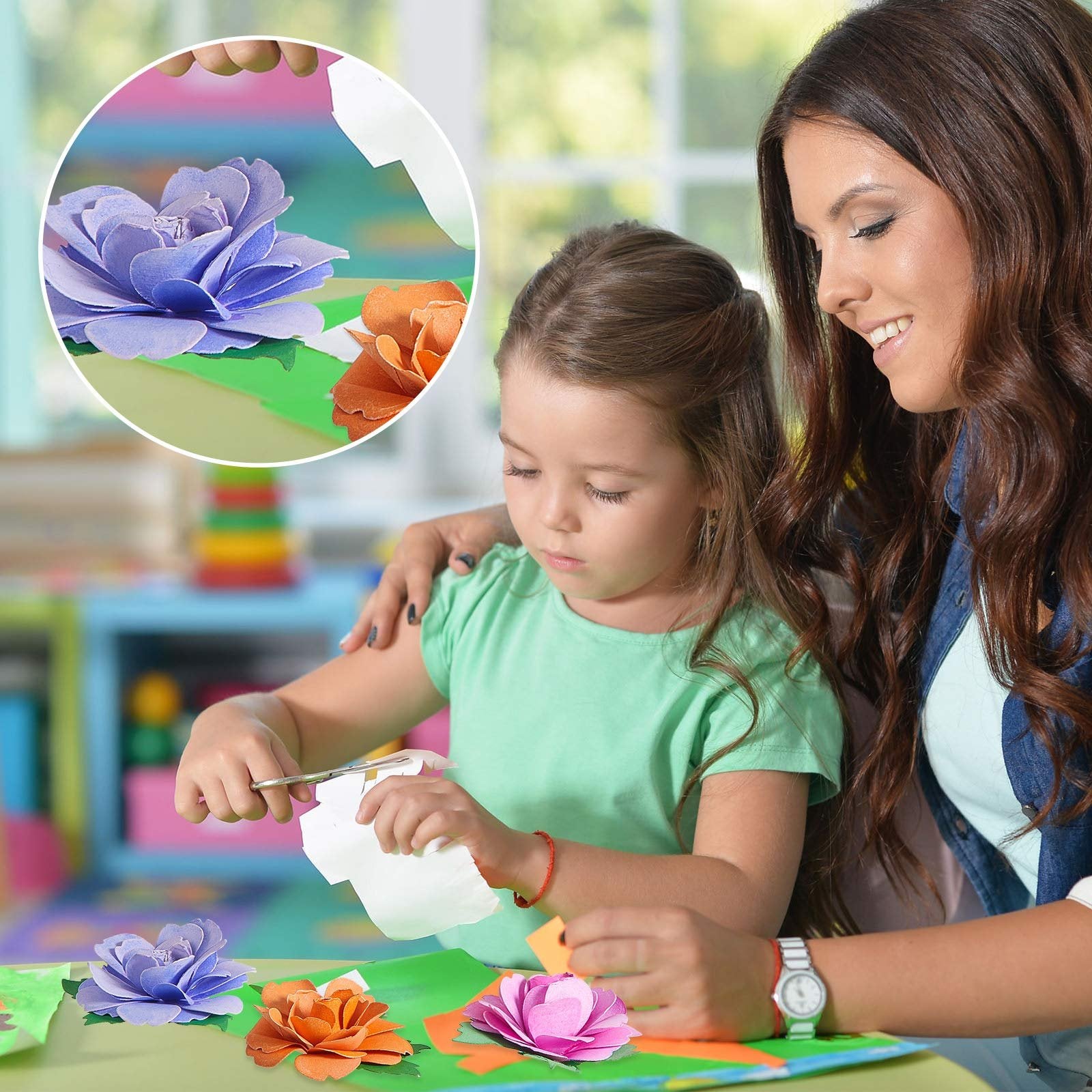 Mother and daughter crafting paper flowers together, with a close-up inset showing detailed paper flowers.