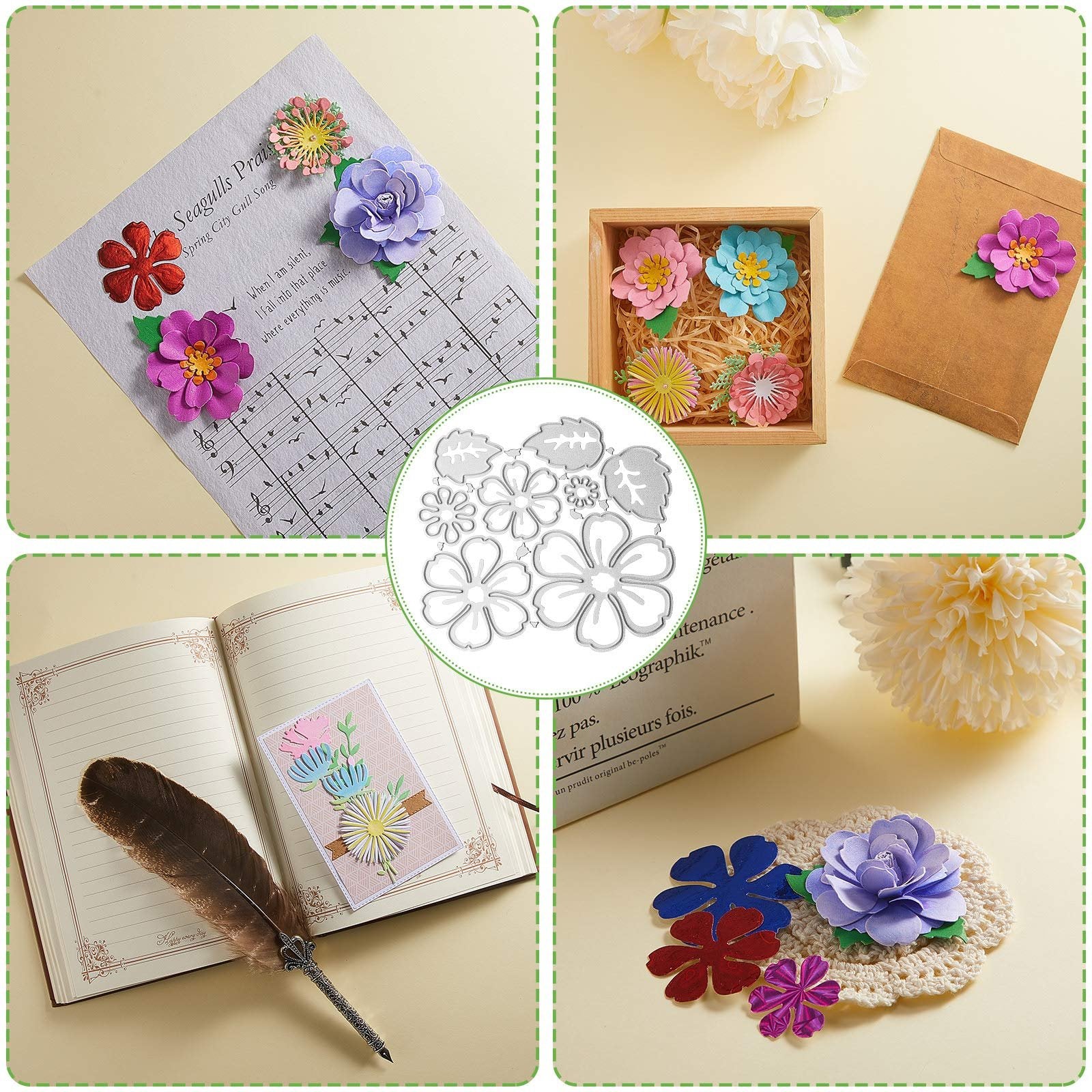 Collage of paper craft projects featuring flower and leaf metal cutting dies, including a sheet of music with paper flowers, a wooden box with flowers, an open journal, and loose paper flowers.