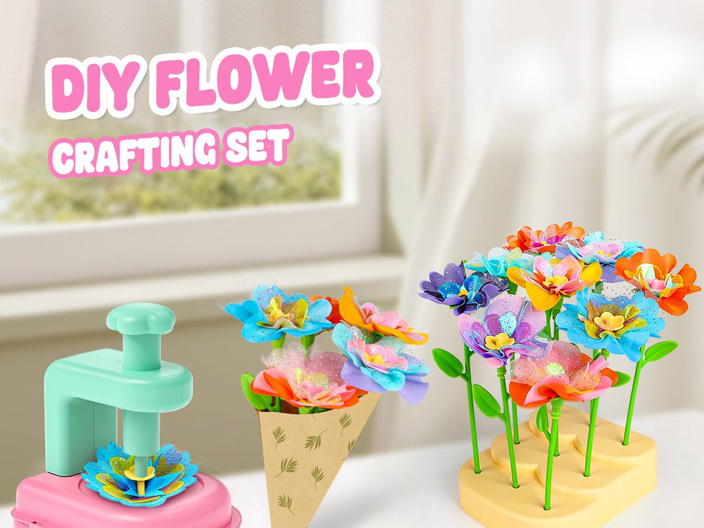DIY flower crafting set with colorful artificial flowers and a crafting tool on a table.