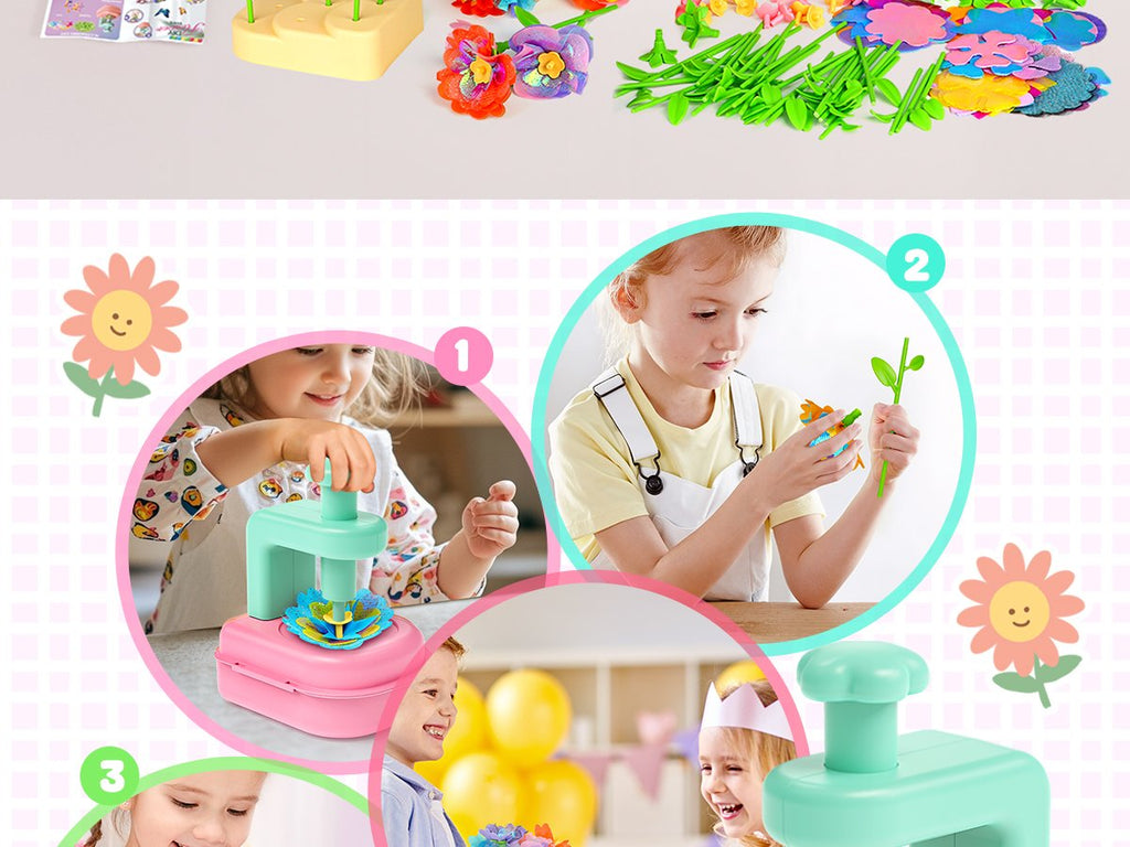 Children assembling a flower bouquet craft kit with petals, stems, and a flower press.