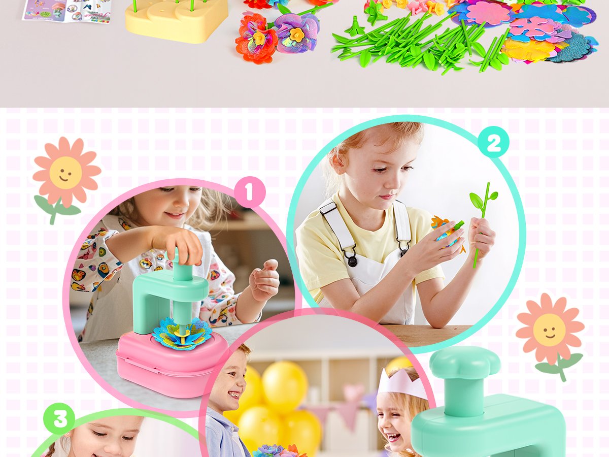 Children assembling a flower bouquet craft kit with petals, stems, and a flower press.