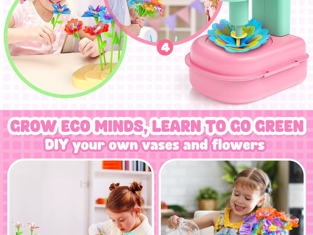 Children assembling colorful DIY flower bouquets with a craft kit, showing close-ups of the process and finished creations.
