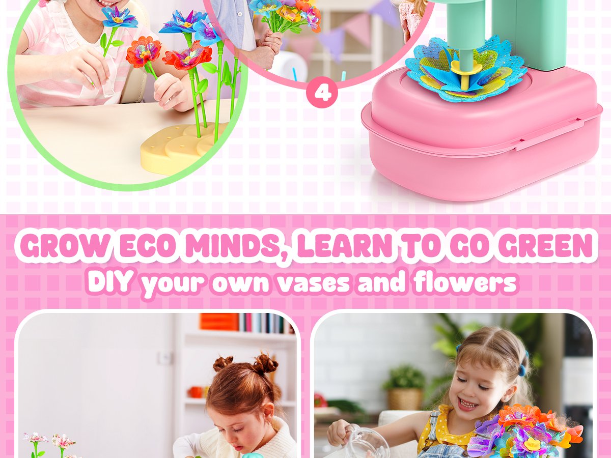 Children assembling colorful DIY flower bouquets with a craft kit, showing close-ups of the process and finished creations.