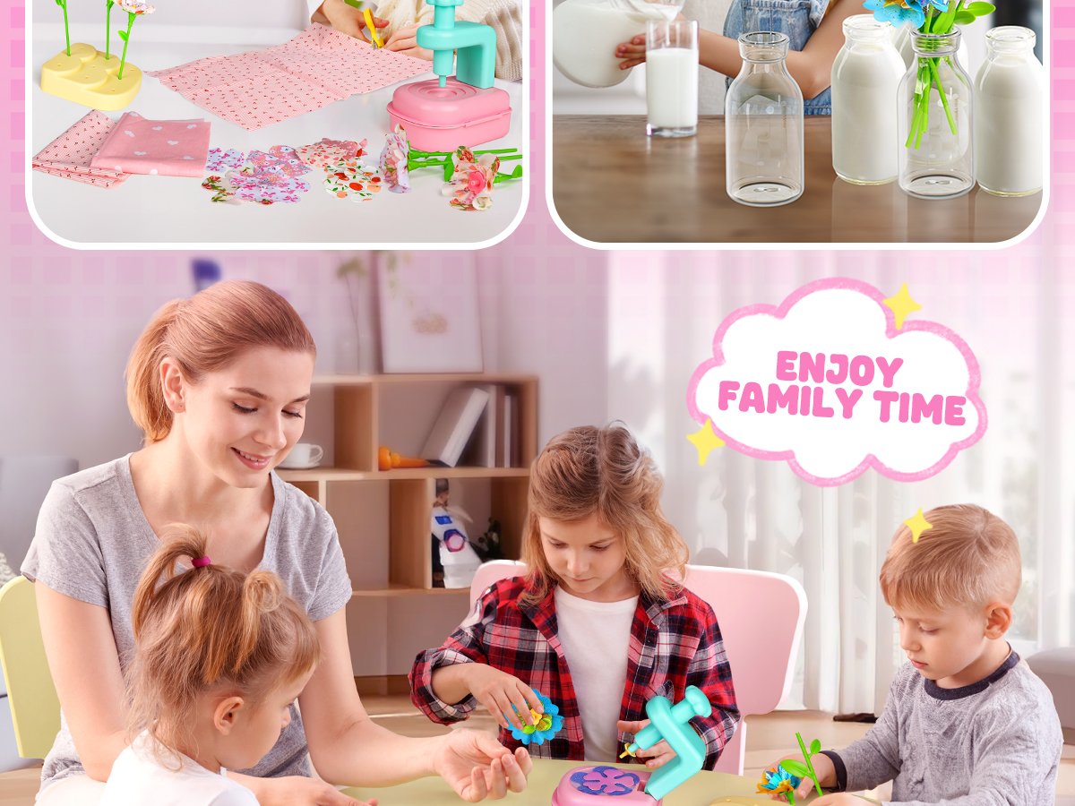 Family crafting flowers together, with craft supplies and milk bottles in background.