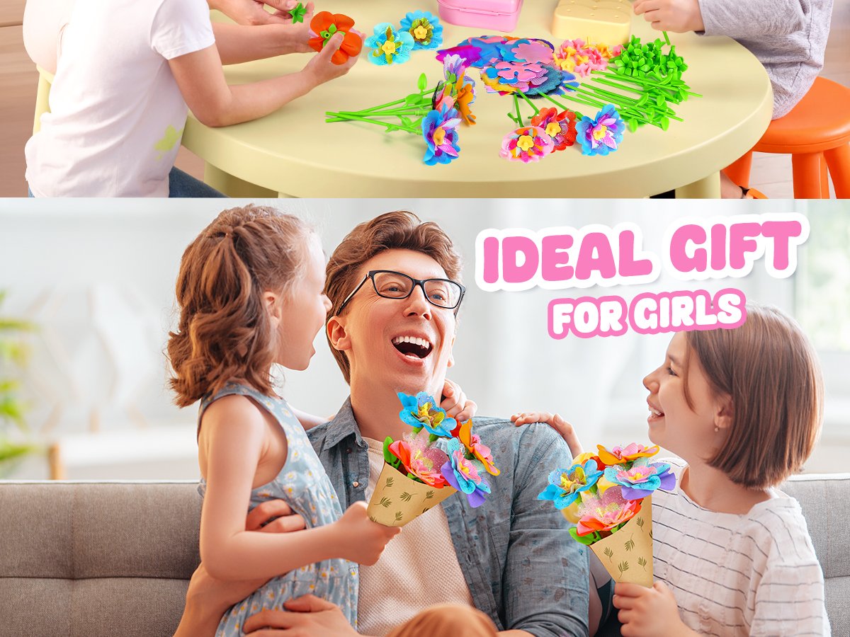 Children assembling colorful craft flowers on a table and a father with two daughters holding flower bouquets.