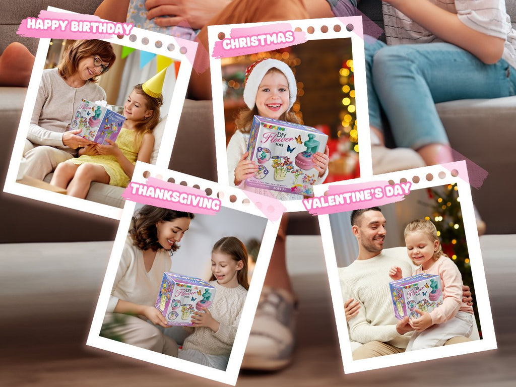 Collage of families gifting and receiving a DIY flower craft kit for kids, with holiday overlays.