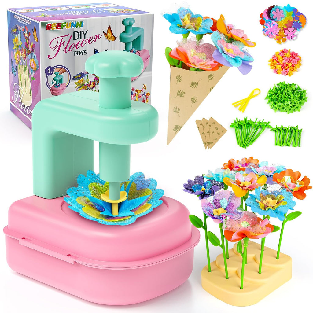 Flower bouquet craft kit for kids with assembly tool, colorful flower pieces, stems, and display stand.