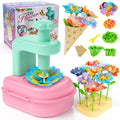 Flower bouquet craft kit for kids with assembly tool, colorful flower pieces, stems, and display stand.