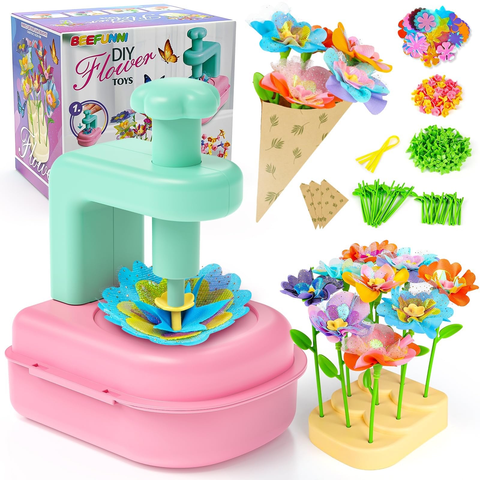 Flower bouquet craft kit for kids with assembly tool, colorful flower pieces, stems, and display stand.