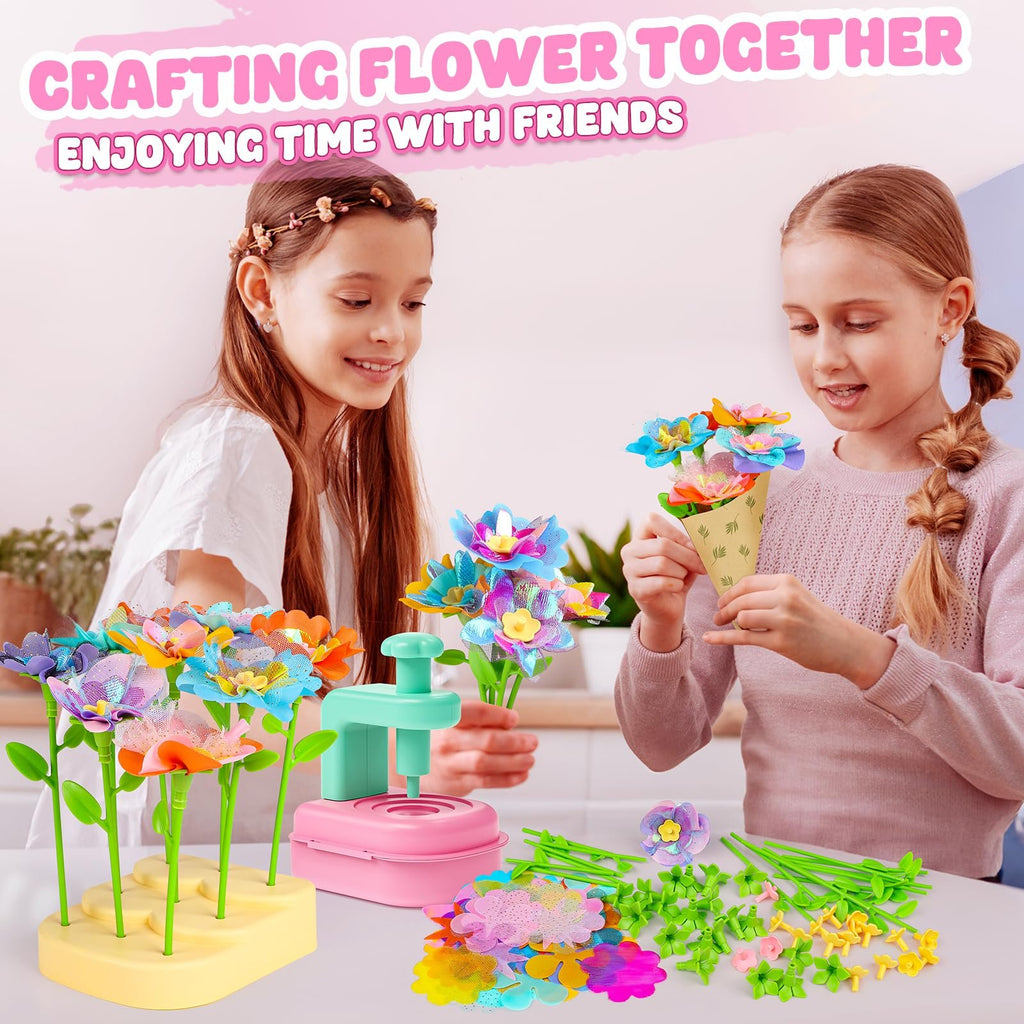 Two girls crafting colorful artificial flowers with a DIY kit, showing assembled bouquets and loose craft pieces.