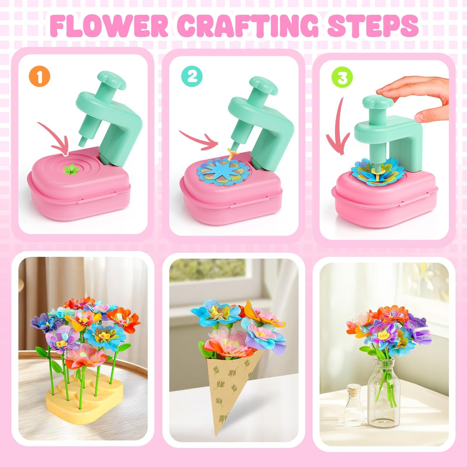 Flower bouquet craft kit steps and finished bouquets in various displays. Includes crafting tool, flowers in a holder, cone, and vase.
