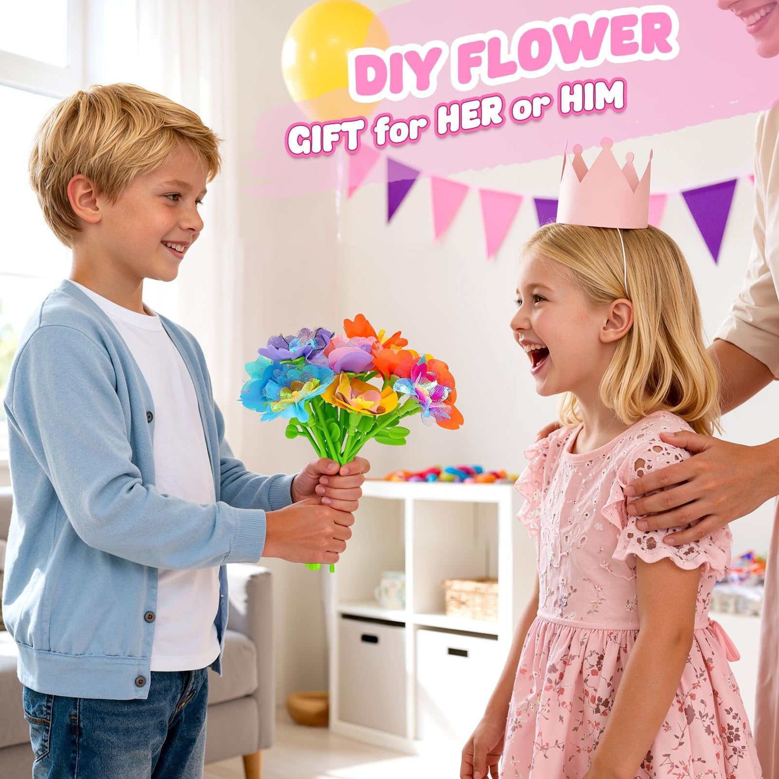 Boy presents a colorful DIY flower bouquet to a girl wearing a pink crown in a decorated room.