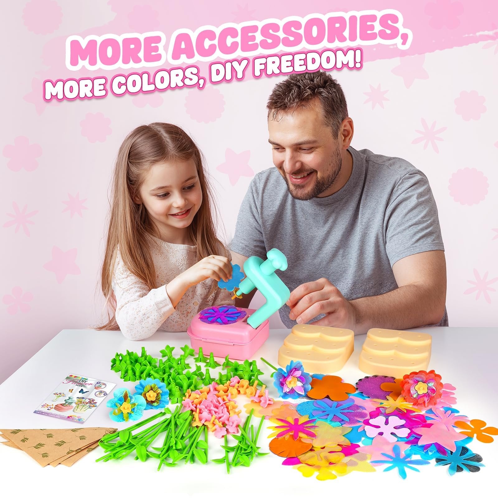 Father and daughter assembling a flower bouquet craft kit with colorful petals and stems on a white table.