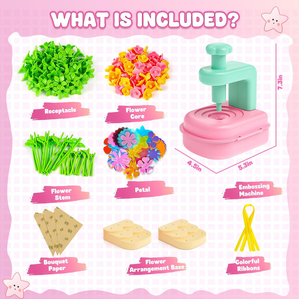 Flower bouquet craft kit contents including receptacle, flower core, stems, petals, paper, bases, ribbons, and embossing machine.