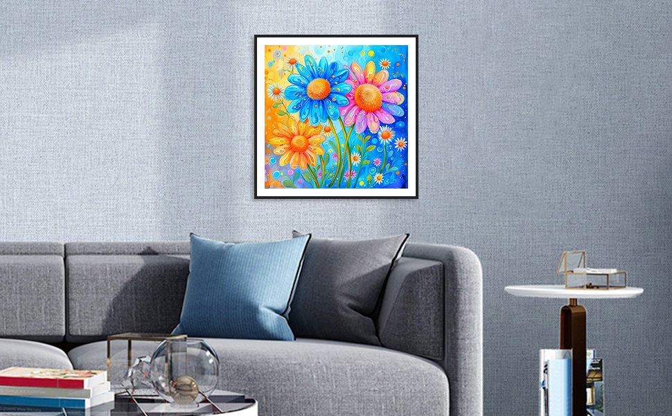 Framed diamond painting of colorful daisies hanging on a wall above a sofa.