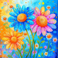 Colorful watercolor painting of daisies with blue, pink, and orange petals against a vibrant blue and yellow background.