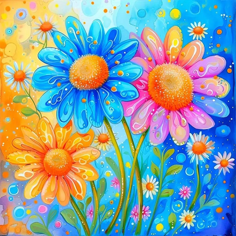 Colorful watercolor painting of daisies with blue, pink, and orange petals against a vibrant blue and yellow background.