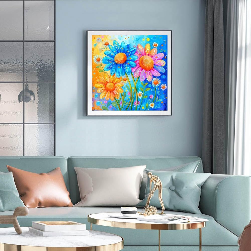 Colorful diamond painting of three daisies hanging on a wall above a sofa.