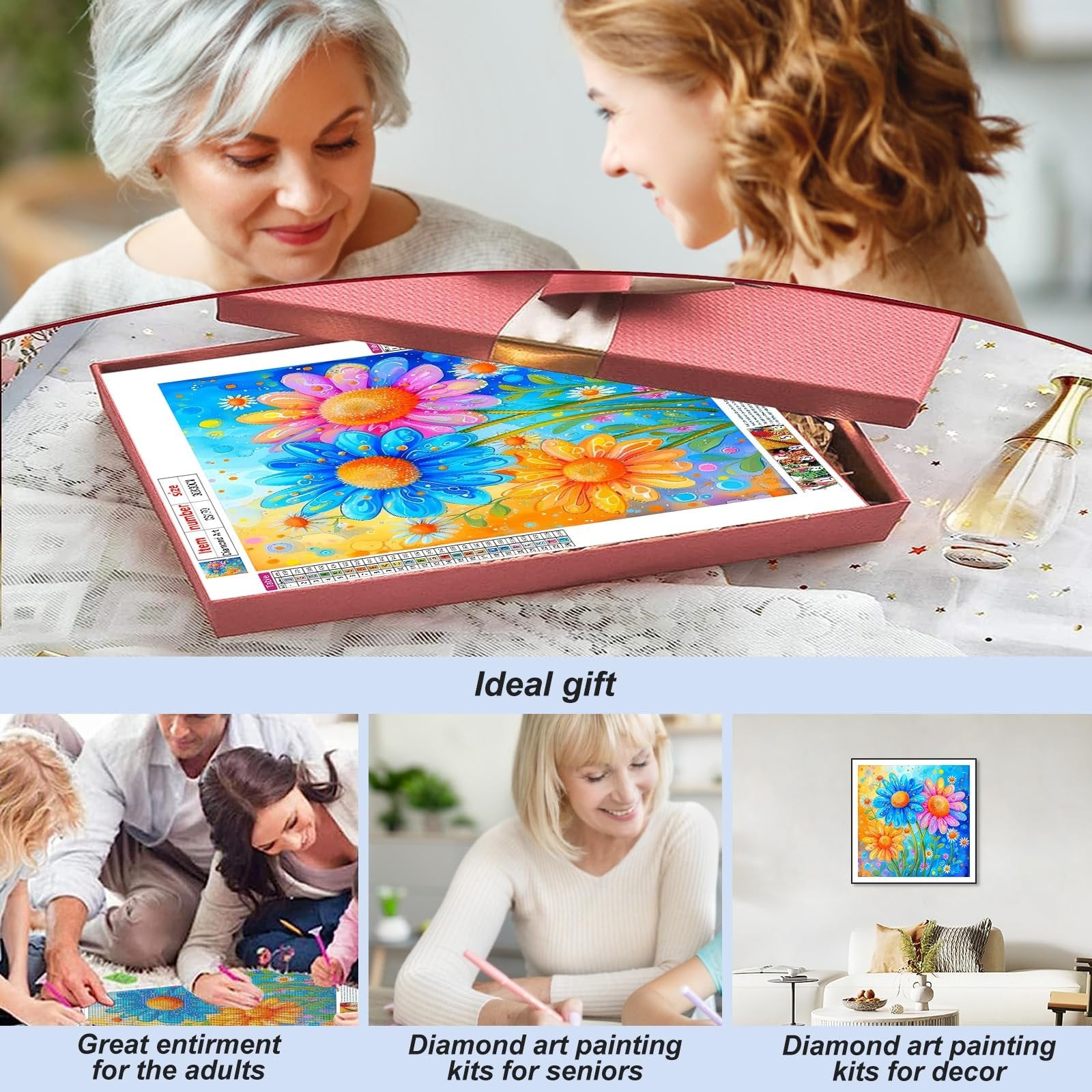 Two women looking at a diamond painting kit with colorful flowers inside a gift box.