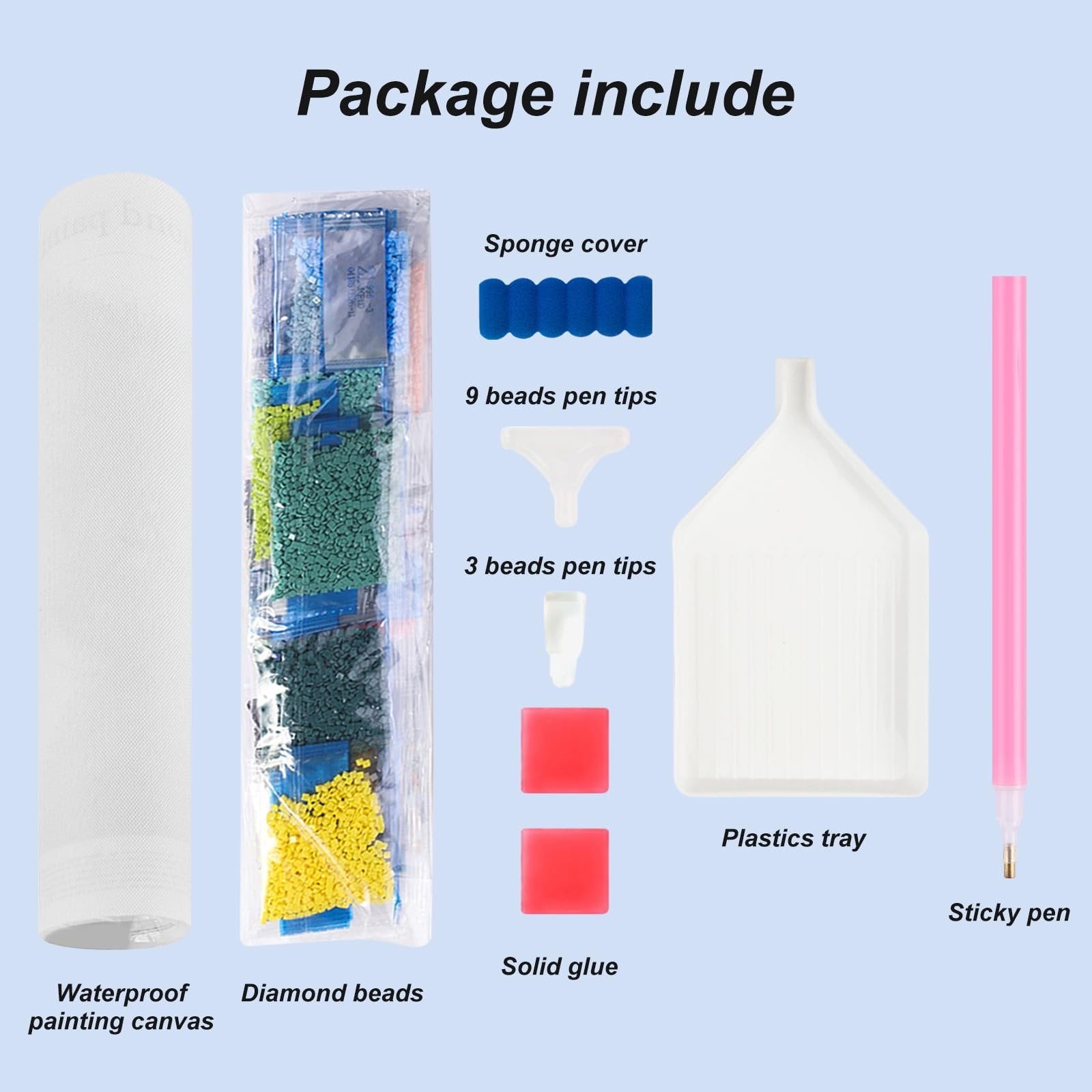 Diamond painting kit contents laid out: canvas, diamond beads, sponge cover, pen tips, glue, tray, and sticky pen.