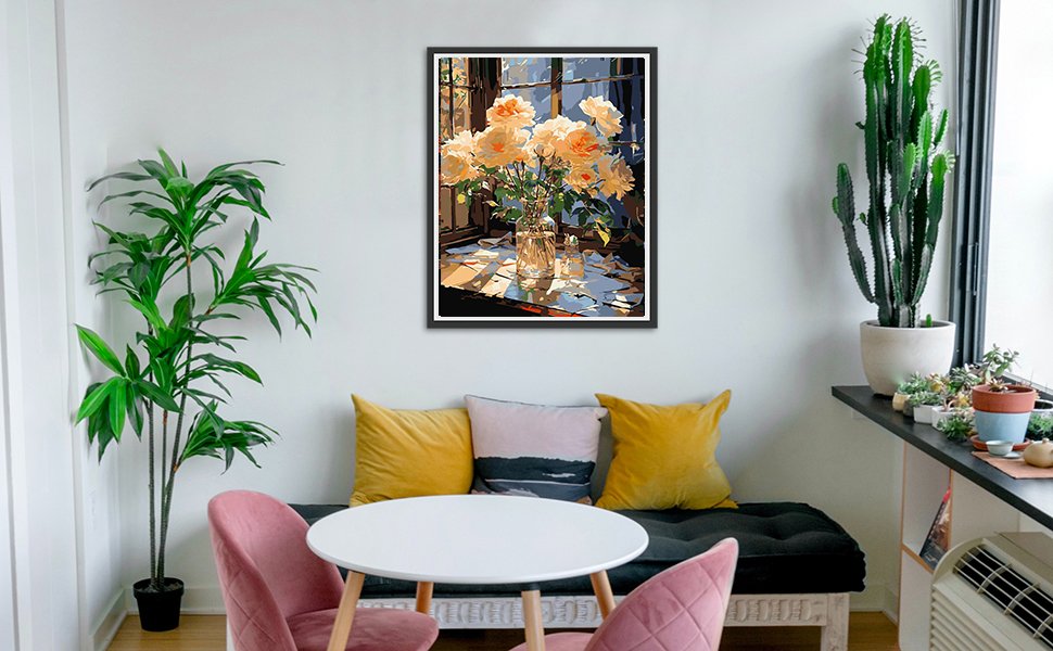 Paint by number canvas of yellow roses in a vase on a table by a window, displayed in a living room setting.