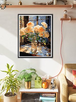 Paint by number canvas of yellow roses in a vase on a table by a window, framed and hanging on a wall.