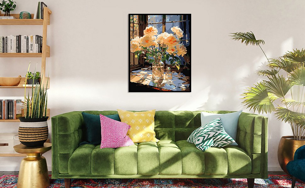 Paint by number artwork of a vase of light-colored roses on a table by a window, displayed in a living room setting.