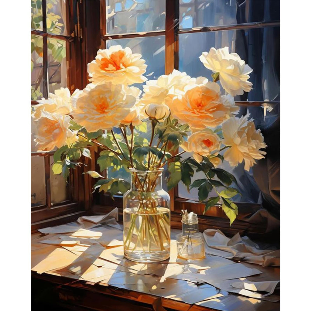 Still life painting of yellow roses in a glass vase on a windowsill with scattered papers.