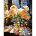 Still life painting of yellow roses in a glass vase on a windowsill with scattered papers.