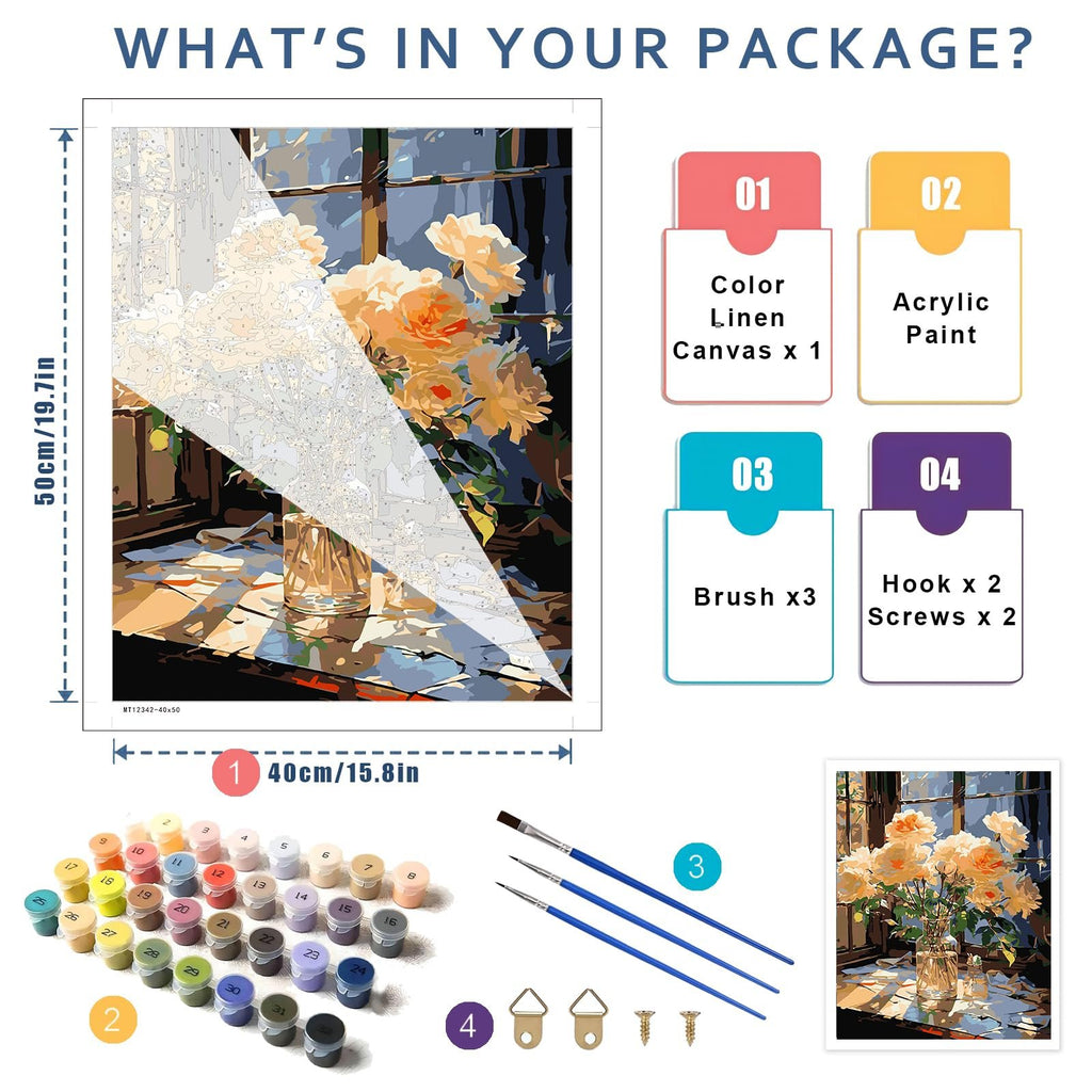Paint by number kit contents: numbered paint pots, brushes, hooks, screws, and canvas with floral painting guide.