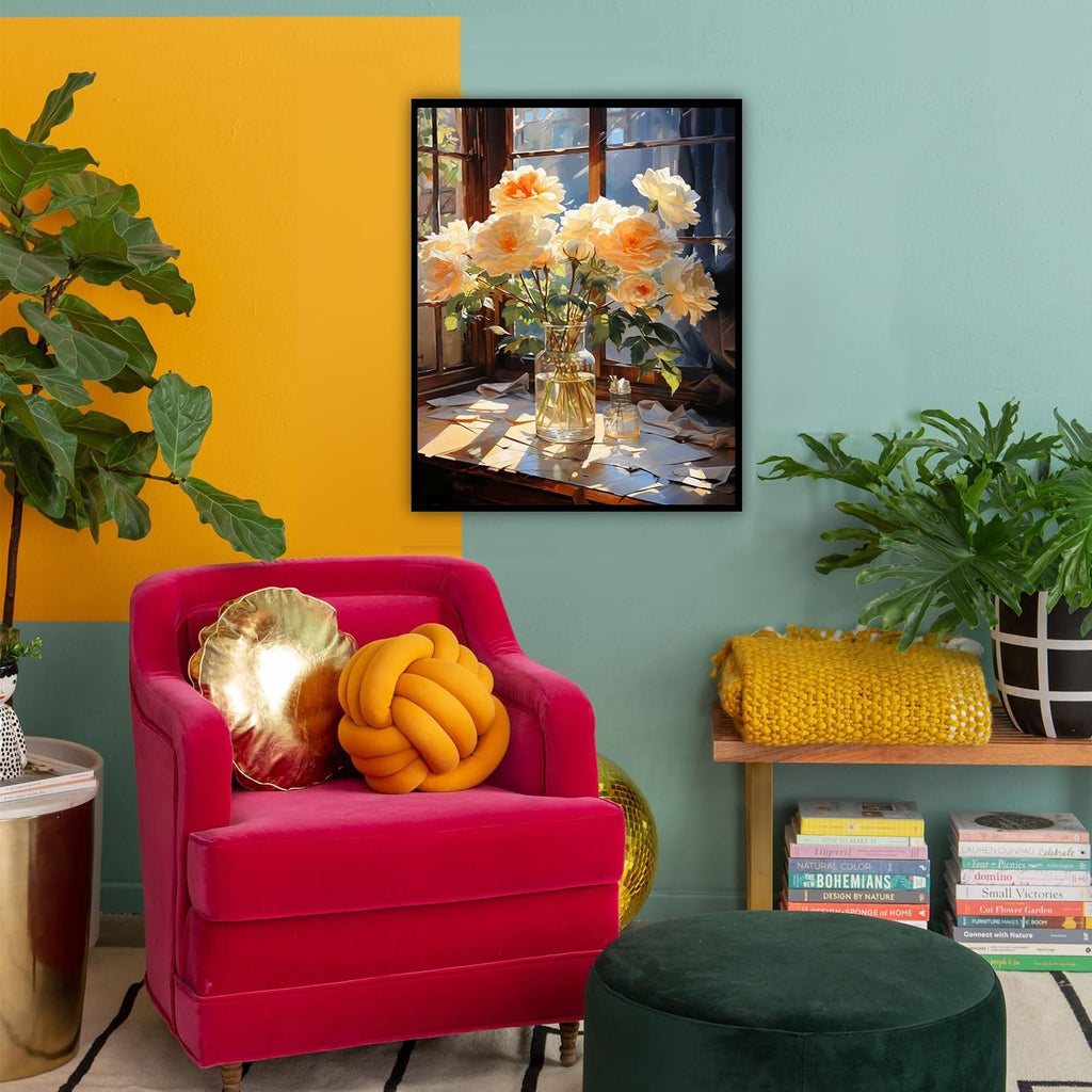 A framed painting of a vase of light yellow roses on a windowsill with scattered papers, displayed in a room with a pink armchair and plants.