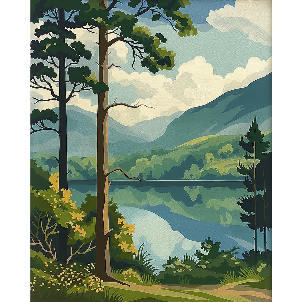 Forest landscape painting with trees, a lake reflecting the sky and mountains, and rolling green hills.