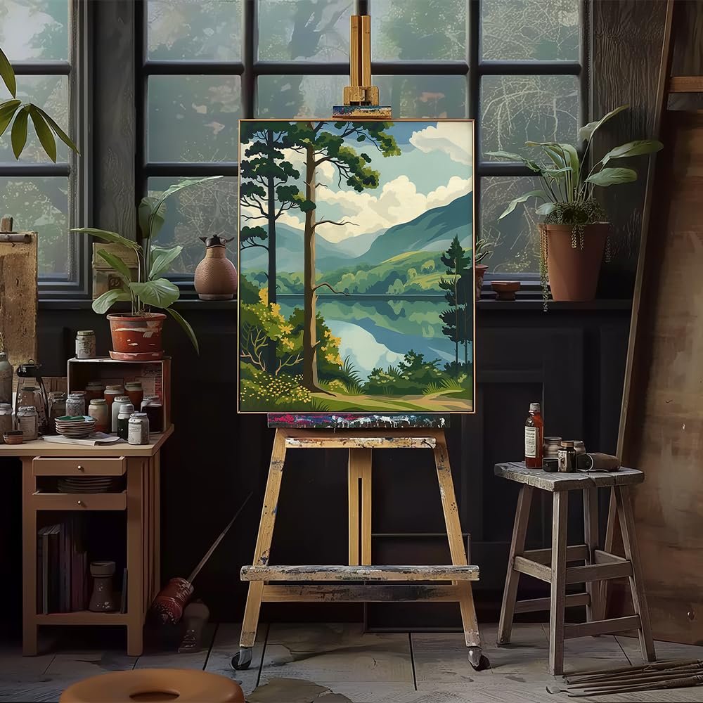 Paint by numbers canvas depicting a serene forest landscape with a lake, displayed on an easel in an art studio.