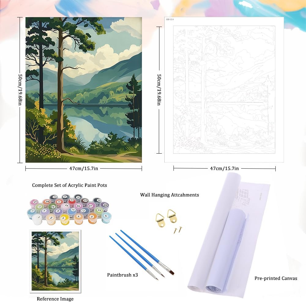 Paint by numbers kit showing a finished landscape painting, a numbered canvas, acrylic paint pots, brushes, and hanging hardware.
