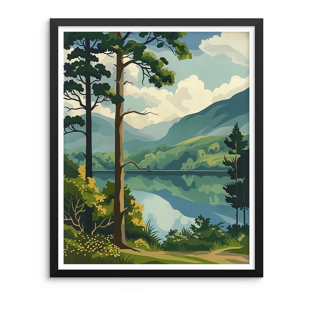 Paint by numbers canvas showing a serene forest landscape with a lake reflecting the trees and mountains under a cloudy sky.